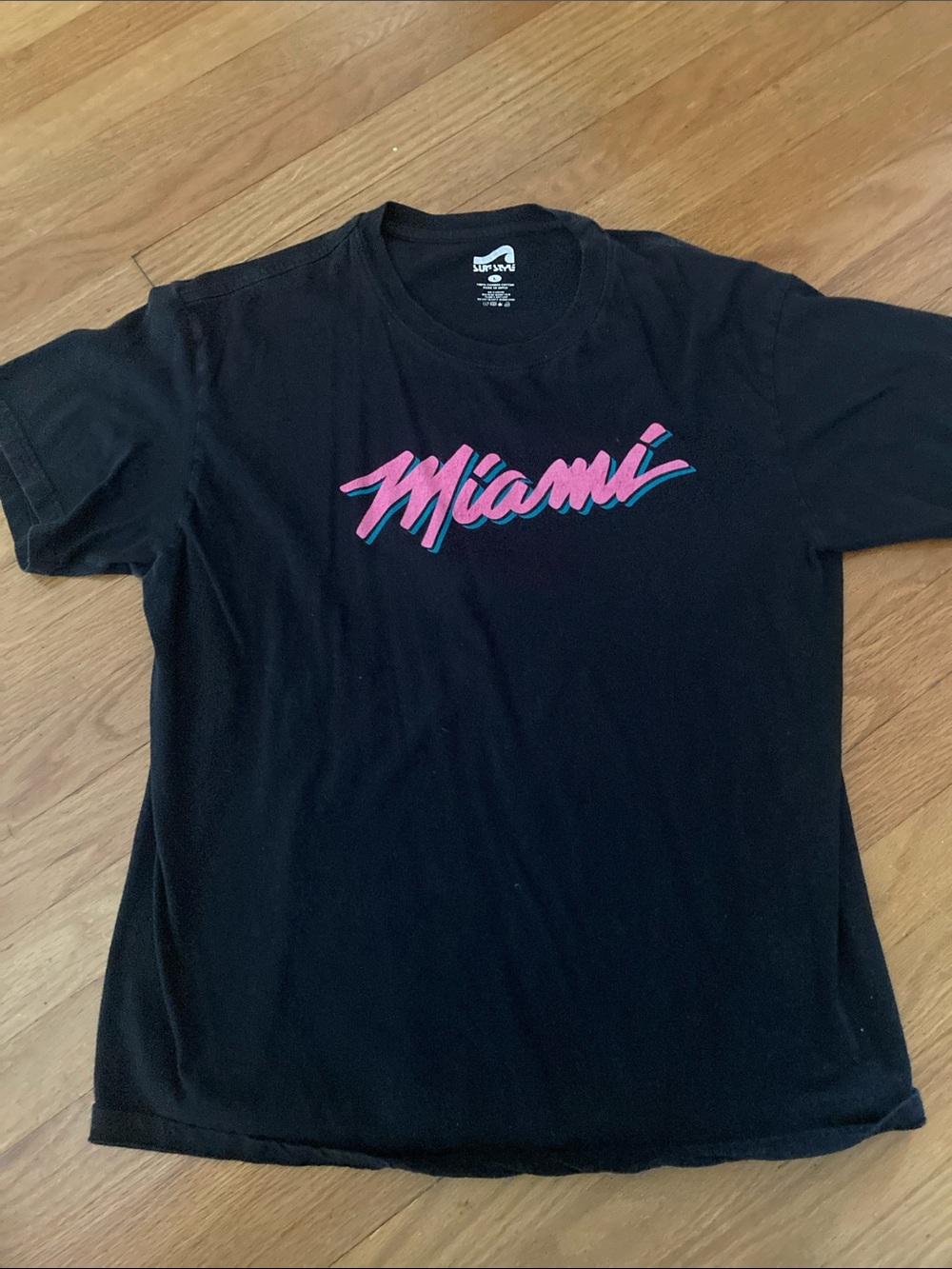 surf style Black T-Shirt with Pink 'Miami' Script